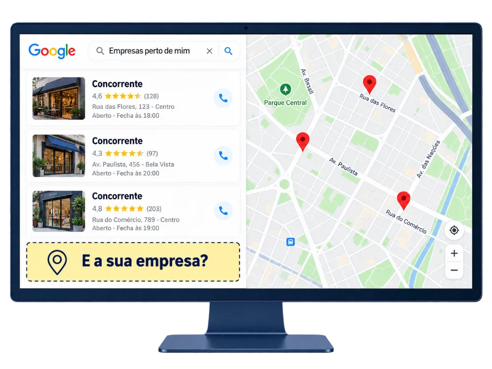 Pesquisa no Google mostrando concorrentes no mapa e a sua empresa de fora