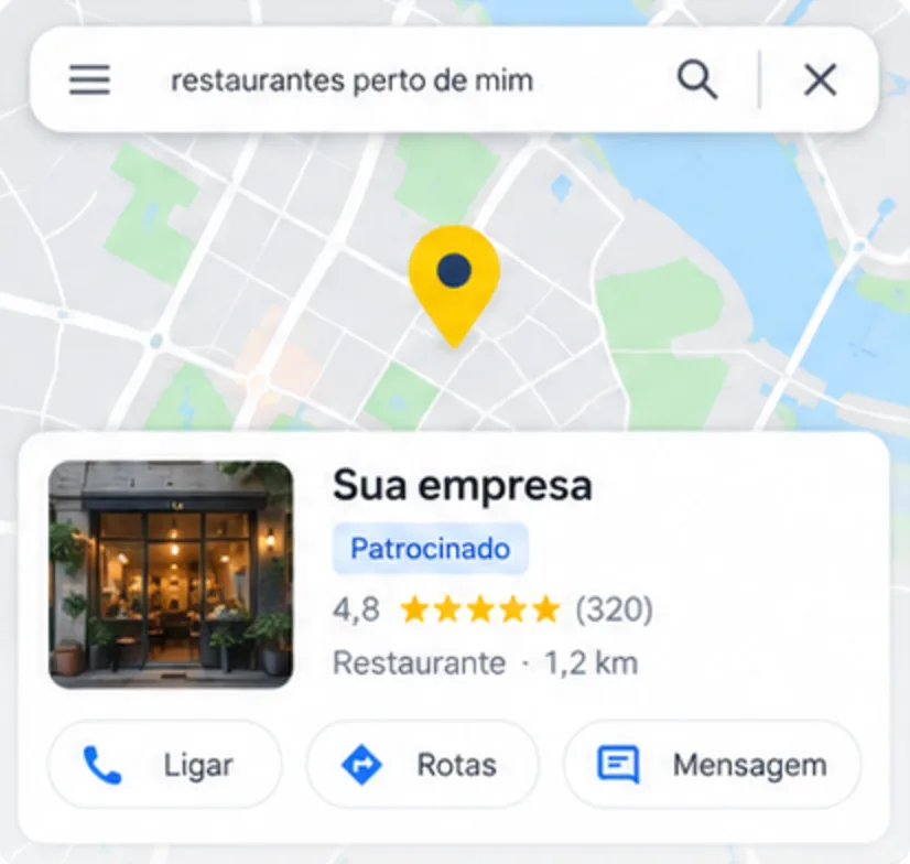 Sua empresa patrocinada no Google Maps com botões de ligar, rotas e mensagem