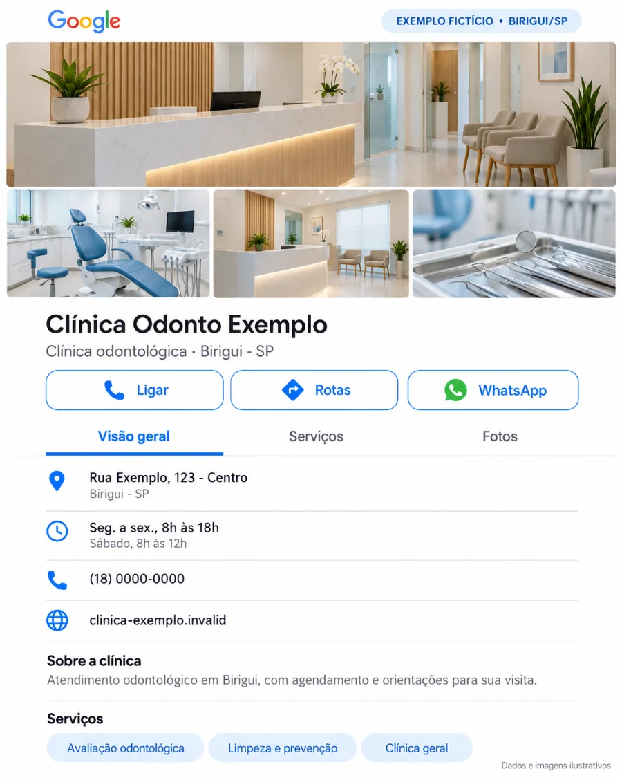 Exemplo de Perfil da Empresa no Google completo: fotos, endereço, horários, telefone, serviços e botões de ligar, rotas e WhatsApp