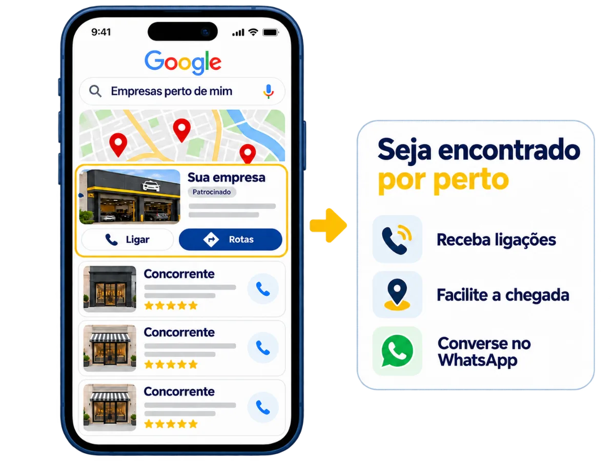 Sua empresa patrocinada em destaque acima dos concorrentes no Google: receba ligações, facilite a chegada e converse no WhatsApp