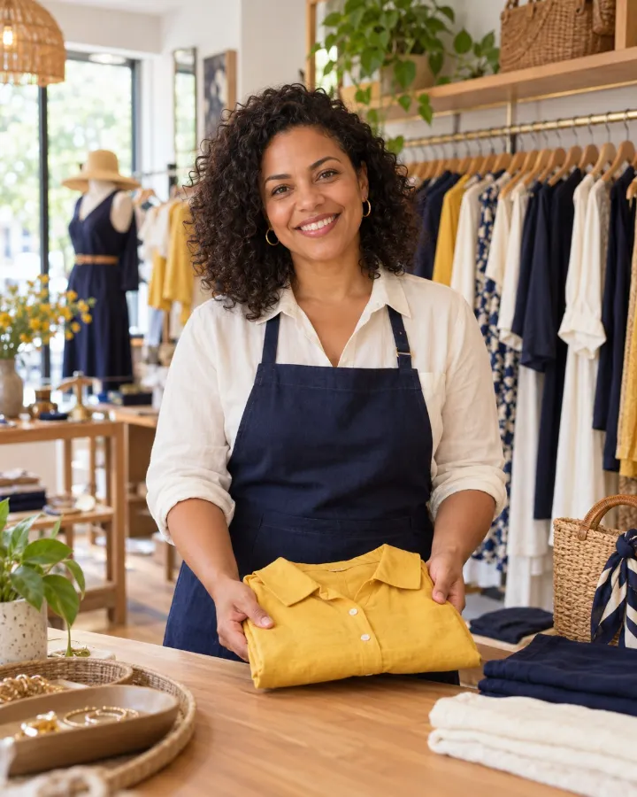 Empreendedora em sua loja de roupas segurando uma camisa amarela