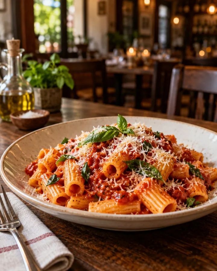 Prato de massa ao molho de tomate servido em um restaurante
