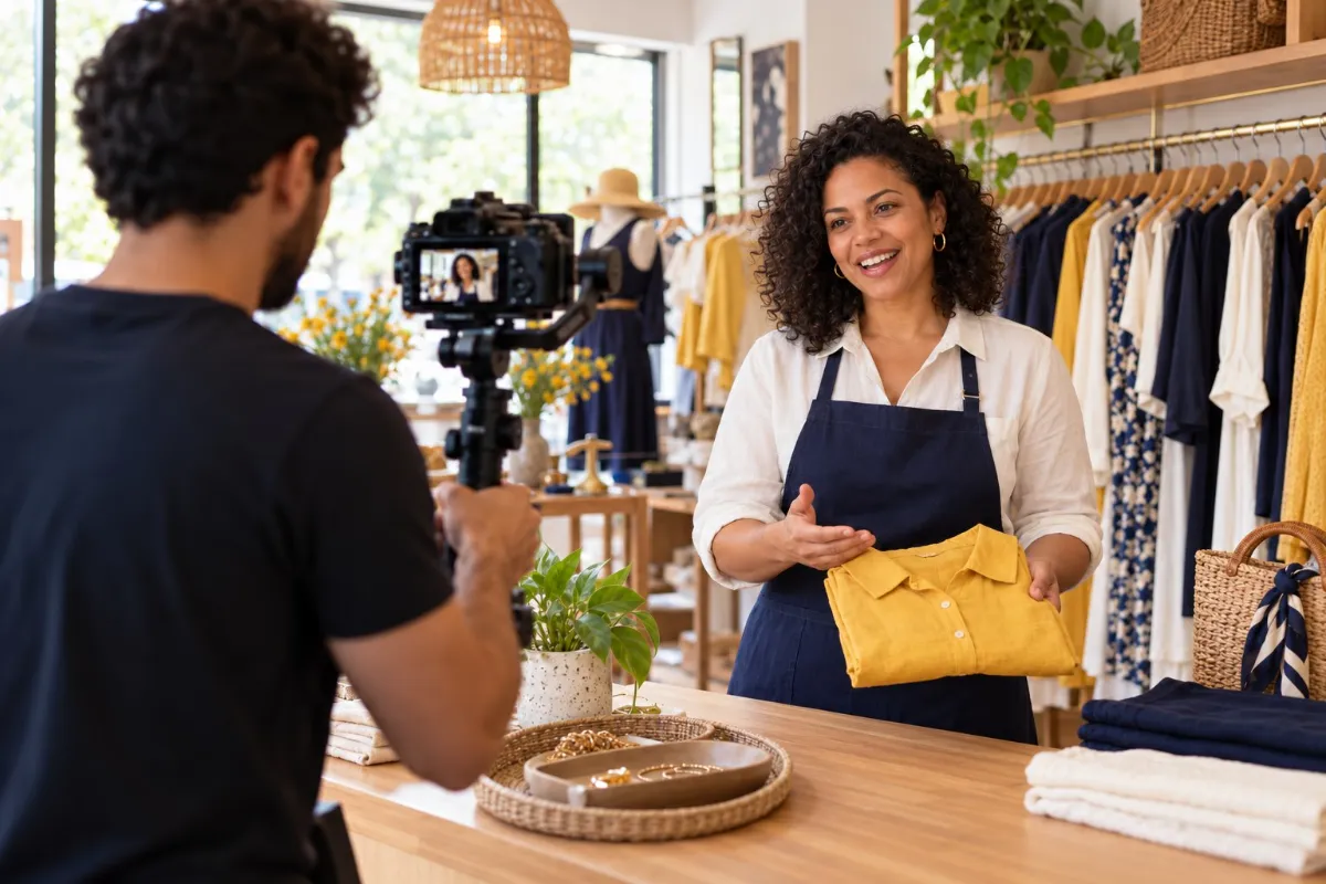 Gravação de vídeo em uma loja de roupas